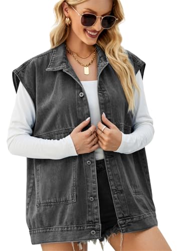KANDEMY Damen Ärmellos Jeansjacke Trendy Beiläufige Denim Weste Outwear Boyfriend Oversized Freizeitjacken Grau M von KANDEMY