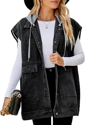 KANDEMY Damen Ärmellos Jeansjacke Trendy Beiläufige Denim Weste Outwear Boyfriend Oversized Freizeitjacken Grau mit Kapuze XL von KANDEMY