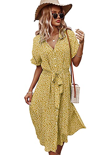 KANDEMY Damen Blumen Sommerkleid Knopf Kurzarm V-Ausschnitt Lose Knielang Strandkleid Midi-Hemdkleid mit Revers-Kragen Polka Dots Floral Freizeit Kleider für Frauen Gelb L von KANDEMY