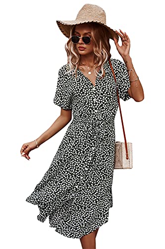 KANDEMY Damen Blumen Sommerkleid Knopf Kurzarm V-Ausschnitt Lose Knielang Strandkleid Midi-Hemdkleid mit Revers-Kragen Polka Dots Floral Freizeit Kleider für Frauen Schwarz L von KANDEMY