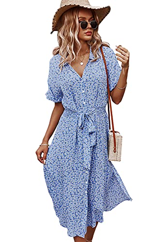 KANDEMY Damen Blumen Sommerkleid Knopf Kurzarm V-Ausschnitt Lose Knielang Strandkleid Midi-Hemdkleid mit Revers-Kragen Polka Dots Floral Freizeit Kleider für Frauen Blau L von KANDEMY