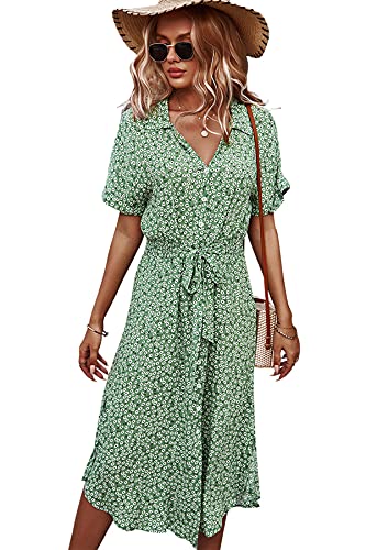 KANDEMY Damen Blumen Sommerkleid Knopf Kurzarm V-Ausschnitt Lose Knielang Strandkleid Midi-Hemdkleid mit Revers-Kragen Polka Dots Floral Freizeit Kleider für Frauen Grün L von KANDEMY