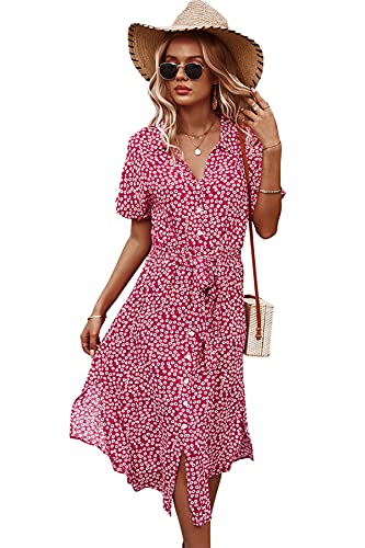 KANDEMY Damen Blumen Sommerkleid Knopf Kurzarm V-Ausschnitt Lose Knielang Strandkleid Midi-Hemdkleid mit Revers-Kragen Polka Dots Floral Freizeit Kleider für Frauen Rot L von KANDEMY