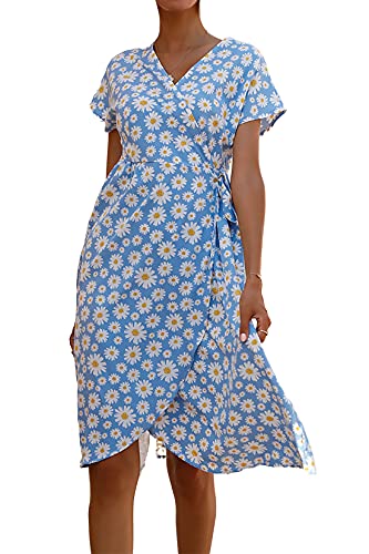 KANDEMY Damen Blumen Sommerkleid mit Schlitz V-Ausschnitt Wickelkleid Midikleid Strandkleid mit Gürtel Partykleid Floral Freizeit Urlaub Sommer Kleider für Frauen S-2XL von KANDEMY