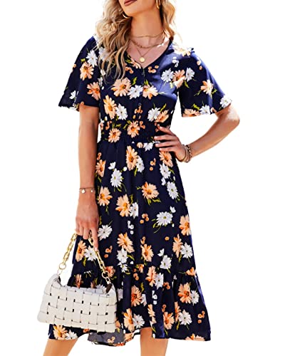 KANDEMY Damen Blumen Sommerkleider V-Ausschnitt High Waist Midikleid mit Blumenmuster Kurzarm Garten Partykleider Floral Langes Sommer Kleid für Frauen Freizeit Urlaub Dunkelblau 2XL von KANDEMY