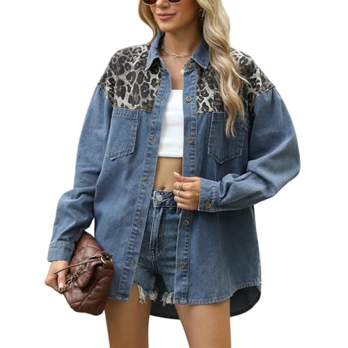 KANDEMY Damen Bluse Leopard Jeansbluse Baumwolle Lockere Western Hemden Tunika Langarm Blusen Tops Blau M von KANDEMY