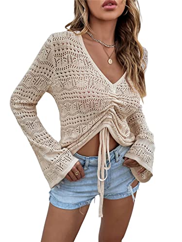 KANDEMY Damen Boho Strick Oberteile V-Ausschnitt Off Shoulder Strand Cover Up Bauchfrei Sommer Tops mit Löcher Locker Sexy Strandmode Oversize Beige L von KANDEMY