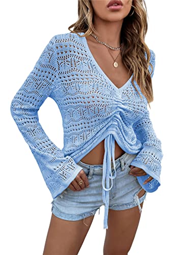 KANDEMY Damen Boho Strick Oberteile V-Ausschnitt Off Shoulder Strand Cover Up Bauchfrei Sommer Tops mit Löcher Locker Sexy Strandmode Oversize Blau L von KANDEMY