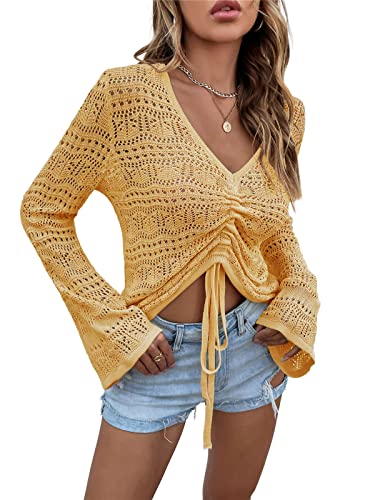 KANDEMY Damen Sommer Boho Häkel Oberteil Pullover Sexy V-Ausschnitt Cover Up Strand Tops Locker Strandtunika Häkeltop Gelb M von KANDEMY