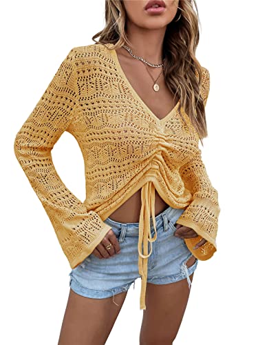 KANDEMY Damen Boho Strick Oberteile V-Ausschnitt Off Shoulder Strand Cover Up Bauchfrei Sommer Tops mit Löcher Locker Sexy Strandmode Oversize Gelb S von KANDEMY