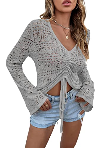 KANDEMY Damen Boho Strick Oberteile V-Ausschnitt Off Shoulder Strand Cover Up Bauchfrei Sommer Tops mit Löcher Locker Sexy Strandmode Oversize Grau L von KANDEMY