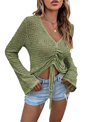 KANDEMY Damen Boho Strick Oberteile V-Ausschnitt Off Shoulder Strand Cover Up Bauchfrei Sommer Tops mit Löcher Locker Sexy Strandmode Oversize Grün L von KANDEMY