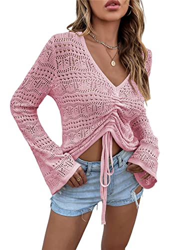 KANDEMY Damen Boho Strick Oberteile V-Ausschnitt Off Shoulder Strand Cover Up Bauchfrei Sommer Tops mit Löcher Locker Sexy Strandmode Oversize Pink M von KANDEMY