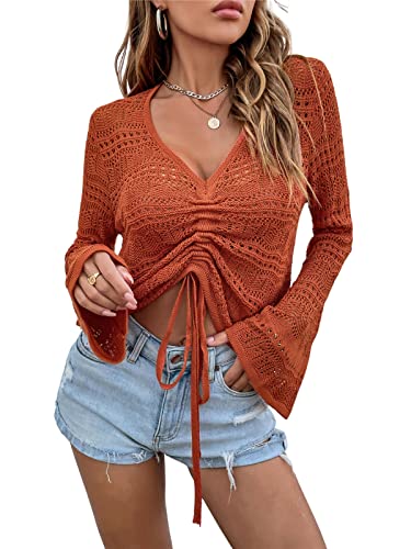 KANDEMY Damen Boho Strick Oberteile V-Ausschnitt Off Shoulder Strand Cover Up Bauchfrei Sommer Tops mit Löcher Locker Sexy Strandmode Oversize Rot L von KANDEMY