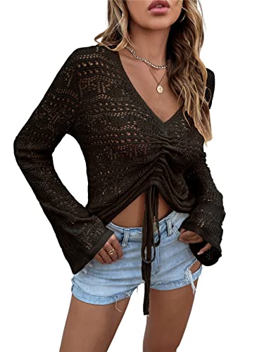 KANDEMY Damen Boho Strick Oberteile V-Ausschnitt Off Shoulder Strand Cover Up Bauchfrei Sommer Tops mit Löcher Locker Sexy Strandmode Oversize Schwarz L von KANDEMY