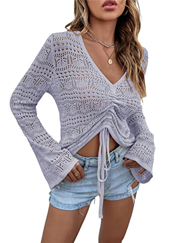 KANDEMY Damen Boho Strick Oberteile V-Ausschnitt Off Shoulder Strand Cover Up Bauchfrei Sommer Tops mit Löcher Locker Sexy Strandmode Oversize Violett M von KANDEMY