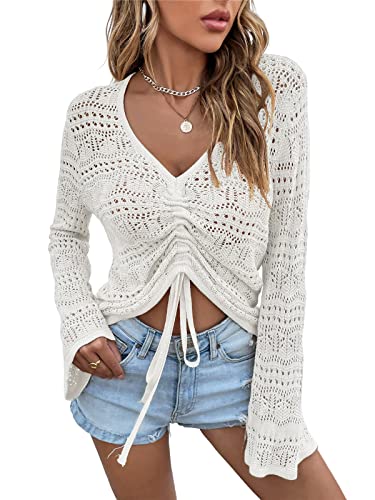 KANDEMY Damen Boho Strick Oberteile V-Ausschnitt Off Shoulder Strand Cover Up Bauchfrei Sommer Tops mit Löcher Locker Sexy Strandmode Oversize Weiß L von KANDEMY