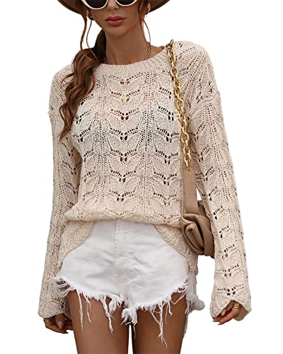 KANDEMY Damen Boho Strick Pullover Sweatshirt Rundhals Locker Oberteile Strand Cover Up Langarm Sommer Herbst Tops mit Löcher Sexy Strandmode Oversize Beige M von KANDEMY