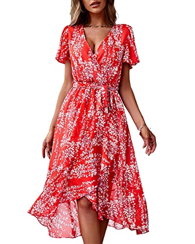 KANDEMY Damen Chiffon Blumen Sommerkleid V-Ausschnitt Kurzarm Maxikleid Lässig Geblümte Sommer Kleider mit Gürtel Luftiges Strandkleid Freizeitkleid für Frauen Urlaub Freizeit Ausflug Rot M von KANDEMY