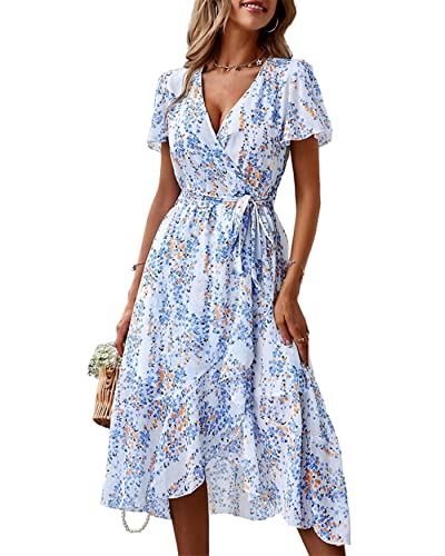 KANDEMY Damen Chiffon Blumen Sommerkleid V-Ausschnitt Kurzarm Maxikleid Lässig Geblümte Sommer Kleider mit Gürtel Luftiges Strandkleid Freizeitkleid für Frauen Urlaub Freizeit Ausflug Weiß L von KANDEMY