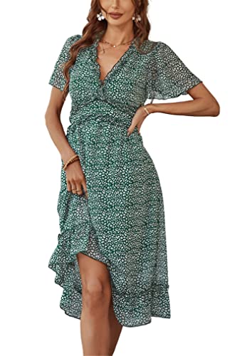 KANDEMY Damen Chiffon Sommerkleid mit Blumenmuster V-Ausschnitt Casual Midikleid Elegante Sommer Kleider Rüschen Freizeitkleid Kurzarm für Frauen Freizeit Urlaub Ausflug Grün M von KANDEMY