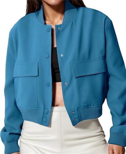 KANDEMY Damen Cropped Bomberjacke Langarm Übergangsjacke Button Leichte Jacke Freizeitjacke Trendy Mantel Blau M von KANDEMY