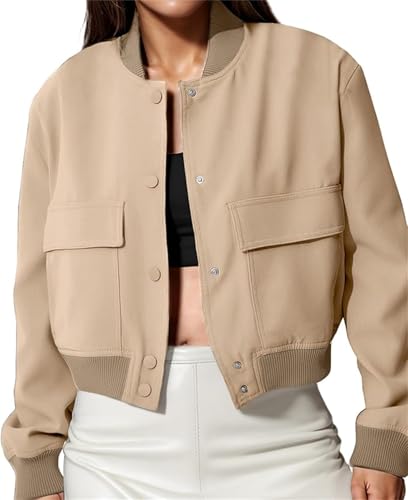 KANDEMY Damen Cropped Bomberjacke Langarm Übergangsjacke Button Leichte Jacke Freizeitjacke Trendy Mantel Khaki S KANDEMY Damen Cropped Bomberjacke Langarm Übergangsjacke Button Leichte Jacke Freizeitjacke Trendy Mantel Khaki S von KANDEMY