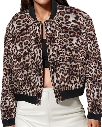 KANDEMY Damen Cropped Bomberjacke Langarm Übergangsjacke Button Leichte Jacke Freizeitjacke Trendy Mantel Leopard01 M von KANDEMY