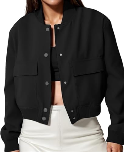 KANDEMY Damen Cropped Bomberjacke Langarm Übergangsjacke Button Leichte Jacke Freizeitjacke Trendy Mantel Schwarz L von KANDEMY