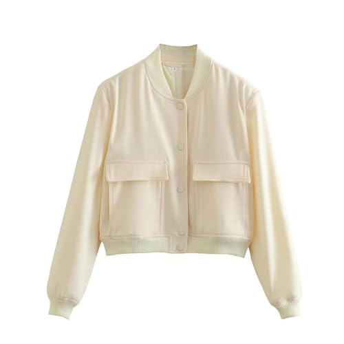 KANDEMY Damen Cropped Bomberjacke Langarm Übergangsjacke Button Leichte Jacke Freizeitjacke Trendy Mantel Weiß S von KANDEMY