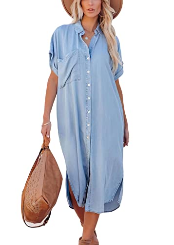 KANDEMY Damen Denim JeansKleid Freizeitkleid mit Tasche Langes Sommerkleid Maxi Kleid Hemdkleid mit Knopfleiste Kurzarm Blusenkleid Partykleid Locker Blau L von KANDEMY