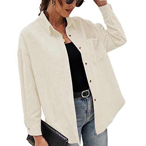 KANDEMY Damen Hemdjacke mit Knöpfen Cordjacke Lange Ärmel Vintage Hemd Freizeitjacke mit Tasche Frauen Outwear Frühling Herbst Beige M von KANDEMY