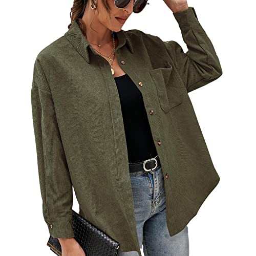 KANDEMY Damen Hemdjacke mit Knöpfen Cordjacke Lange Ärmel Vintage Hemd Freizeitjacke mit Tasche Frauen Outwear Frühling Herbst Olivgrün M von KANDEMY