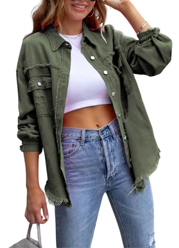 KANDEMY Damen Jeansjacke Freizeitjacken Zerrissene Langarm Knopfleiste Boyfriend Jeansmantel Western Shacket Jacket Armeegrün S von KANDEMY