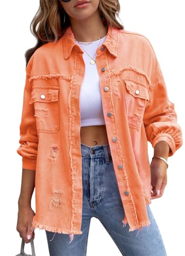 KANDEMY Damen Jeansjacke Freizeitjacken Zerrissene Langarm Knopfleiste Boyfriend Jeansmantel Western Shacket Jacket Orange XXL von KANDEMY