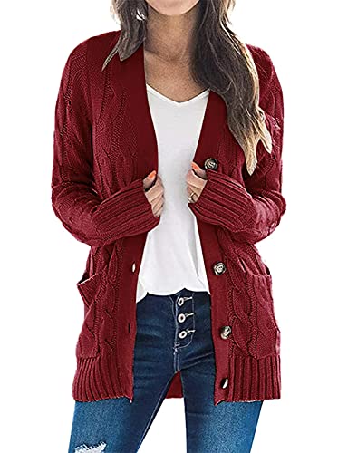 KANDEMY Damen Langarm Strickjacke Lang Cardigan Open Front Sweater Knopfleiste Elegant Strick Mantel Freizeit Herbst Winter Outerwear mit Taschen Weinrot L von KANDEMY