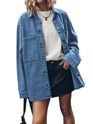 KANDEMY Damen Leichte Jeansjacke Vintage Langarm Blusenshirt Frühling Lose Knopfleiste Denim Jacken Freizeitjacken Dunkelblau S von KANDEMY