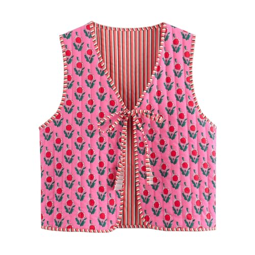 KANDEMY Damen Mode Blumenweste Y2k Leichte Steppweste Oversized Boho Ärmellos Cardigan Weste Vintage Outwear A-rosa M von KANDEMY