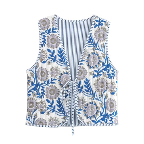 KANDEMY Damen Mode Blumenweste Y2k Leichte Steppweste Oversized Boho Ärmellos Cardigan Weste Vintage Outwear Blau Blume M von KANDEMY
