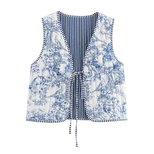 KANDEMY Damen Mode Blumenweste Y2k Leichte Steppweste Oversized Boho Ärmellos Cardigan Weste Vintage Outwear Blau S von KANDEMY