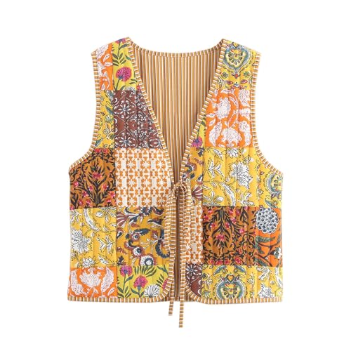 KANDEMY Damen Mode Blumenweste Y2k Leichte Steppweste Oversized Boho Ärmellos Cardigan Weste Vintage Outwear Gelb M von KANDEMY