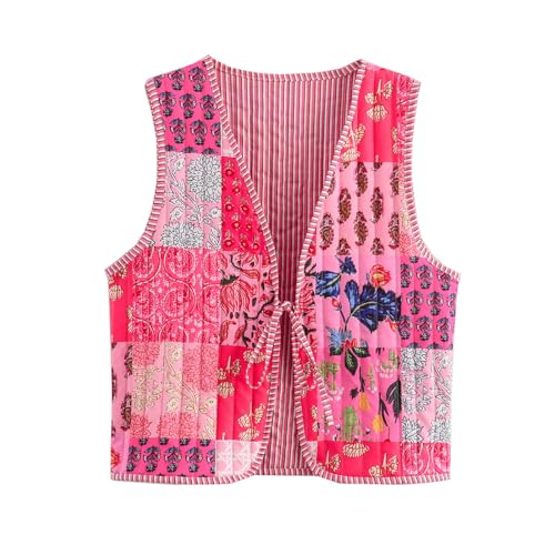 KANDEMY Damen Mode Blumenweste Y2k Leichte Steppweste Oversized Boho Ärmellos Cardigan Weste Vintage Outwear Rosa Blume S von KANDEMY