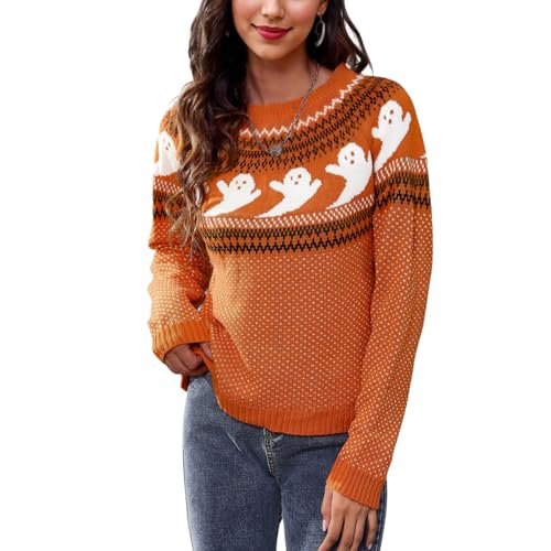 KANDEMY Damen Pullover Halloween Sweater Knit Lässige Rundhals Langarm Jumper Tops Norweger Strickpullover Oberteile Festlicher Geisterpullover Orange XL von KANDEMY