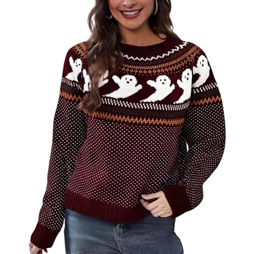 KANDEMY Damen Pullover Halloween Sweater Knit Lässige Rundhals Langarm Jumper Tops Norweger Strickpullover Oberteile Festlicher Geisterpullover Rotwein XL KANDEMY Damen Pullover Halloween Sweater Knit Lässige Rundhals Langarm Jumper Tops Norweger Strickpullover Oberteile Festlicher Geisterpullover Rotwein XL von KANDEMY