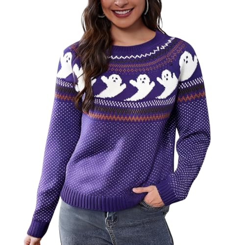KANDEMY Damen Pullover Halloween Sweater Knit Lässige Rundhals Langarm Jumper Tops Norweger Strickpullover Oberteile Festlicher Geisterpullover Violett S von KANDEMY