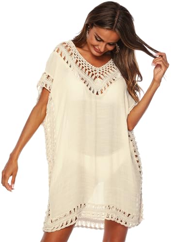 KANDEMY Damen Sommer Bikini Cover Up V-Ausschnitt Strand Poncho Strandkleid mit Cutout Crochet Sommer Kleider für Urlaub Aprikose XXL von KANDEMY