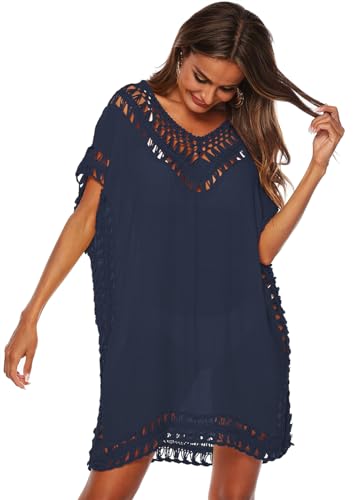 KANDEMY Damen Sommer Bikini Cover Up V-Ausschnitt Strand Poncho Strandkleid mit Cutout Crochet Sommer Kleider für Urlaub Dunkelblau L von KANDEMY