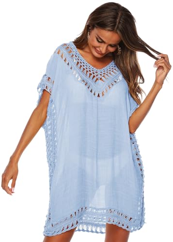 KANDEMY Damen Sommer Bikini Cover Up V-Ausschnitt Strand Poncho Strandkleid mit Cutout Crochet Sommer Kleider für Urlaub Hellblau L von KANDEMY