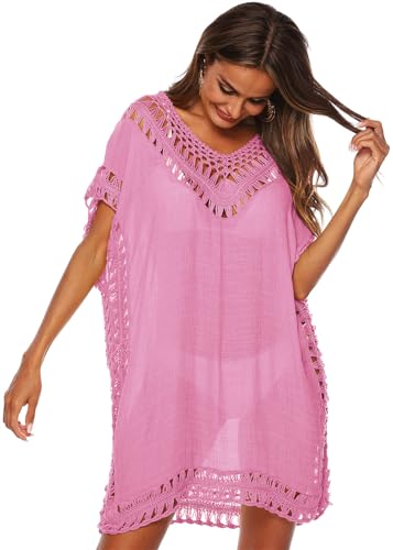 KANDEMY Damen Sommer Bikini Cover Up V-Ausschnitt Strand Poncho Strandkleid mit Cutout Crochet Sommer Kleider für Urlaub Rosa L von KANDEMY