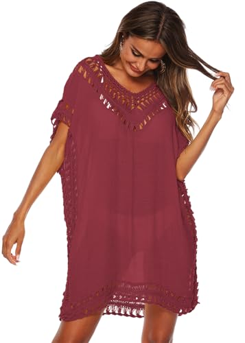 KANDEMY Damen Sommer Bikini Cover Up V-Ausschnitt Strand Poncho Strandkleid mit Cutout Crochet Sommer Kleider für Urlaub Rot L von KANDEMY
